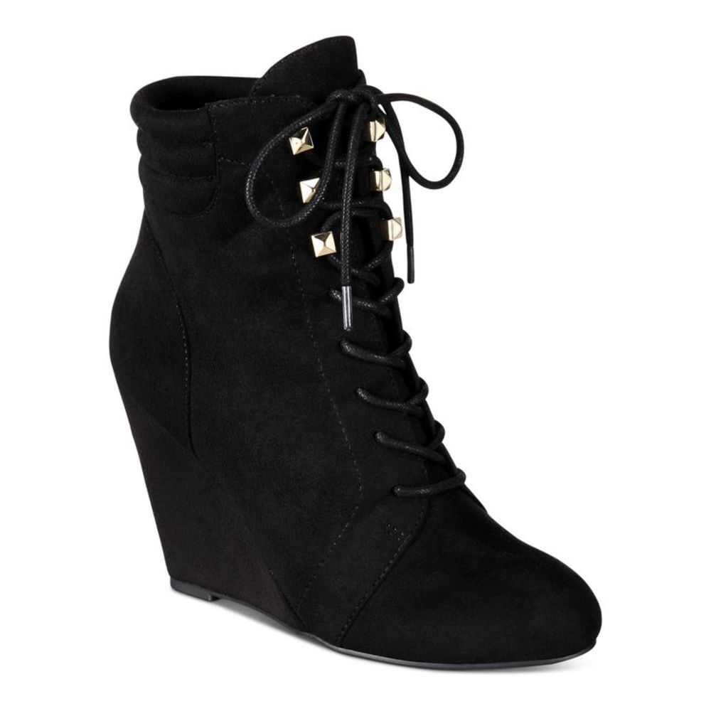 REBEL BY ZIGI Womens Black Lace Studded Kerlynn Round Toe Wedge Booties 9 M